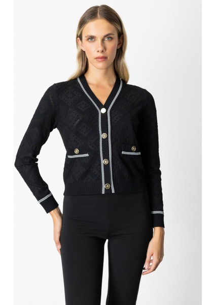 Kadın V Yaka Kabartmalı Hırka 60950 Siyah