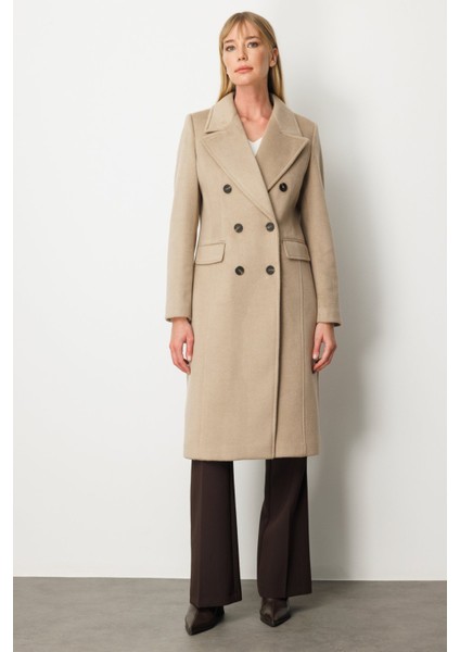 Kadın Kruvaze Yaka Kapak Cepli Kaban 6069 Kum