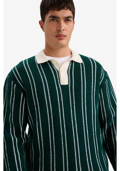 Relax Fit Polo Yaka Çizgili Triko Kazak E8400AX25WN modelleri