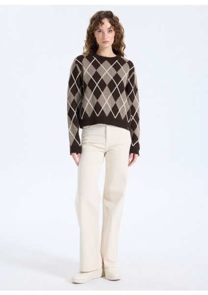 Bisiklet Yaka Relaxed Baklava Desenli Kahve Kazak Kadın J5WL-KZK7168 fiyatları