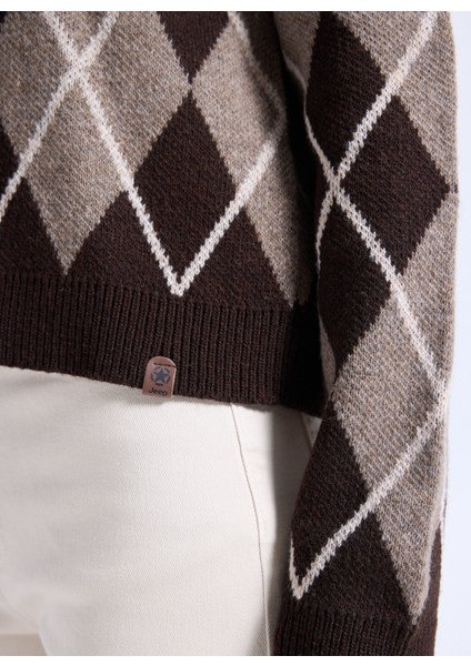 Bisiklet Yaka Relaxed Baklava Desenli Kahve Kazak Kadın J5WL-KZK7168 fırsatları