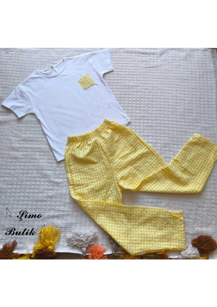 Kız Çocuk Pantolonlu Tişörtlü Takım Beyaz Tişört Pötikareli Pantolon Kırmızı, Siyah, Sarı modelleri