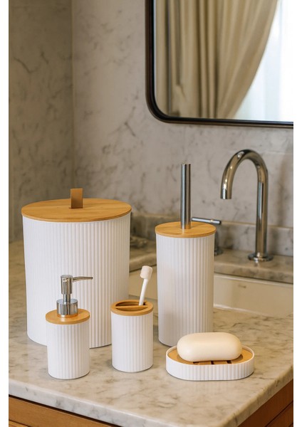 5 Parça Yuvarlak Banyo Seti, Bambu Kapaklı, Beyaz, Hacim: 7 Litre