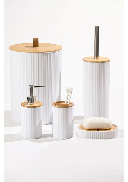 5 Parça Yuvarlak Banyo Seti, Bambu Kapaklı, Beyaz, Hacim: 7 Litre fiyatları