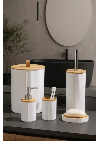5 Parça Yuvarlak Banyo Seti, Bambu Kapaklı, Beyaz, Hacim: 7 Litre modelleri