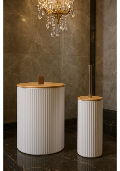 5 Parça Yuvarlak Banyo Seti, Bambu Kapaklı, Beyaz, Hacim: 7 Litre fırsatları