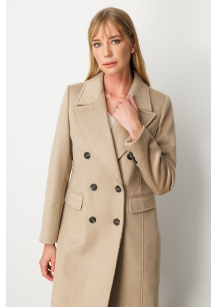 Kadın Kruvaze Yaka Kapak Cepli Kaban 6069 Kum fiyatları