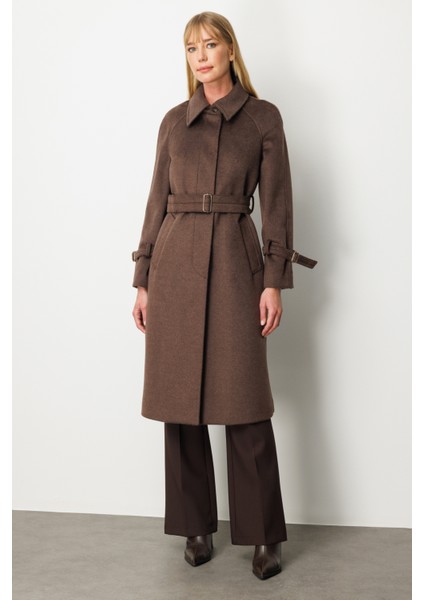 Kadın Kolu ve Beli Kemerli Kaşe Kaban 6057 Kahverengi