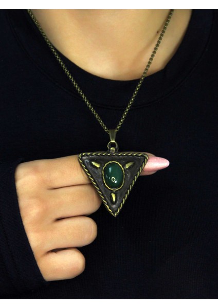 Doğal Taş Yeşil Akik Doğal Taşlı Üçgen Model Antik Kadın Kolye EUK41YA