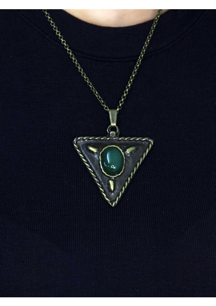 Doğal Taş Yeşil Akik Doğal Taşlı Üçgen Model Antik Kadın Kolye EUK41YA fiyatları