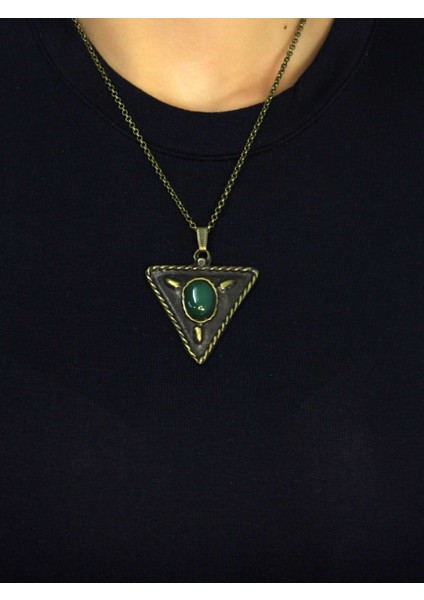 Doğal Taş Yeşil Akik Doğal Taşlı Üçgen Model Antik Kadın Kolye EUK41YA modelleri