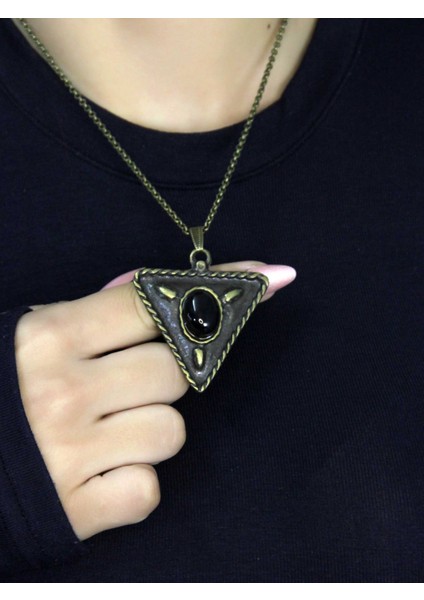 Doğal Taş Oniks Doğal Taşlı Üçgen Model Antik Kadın Kolye EUK41O