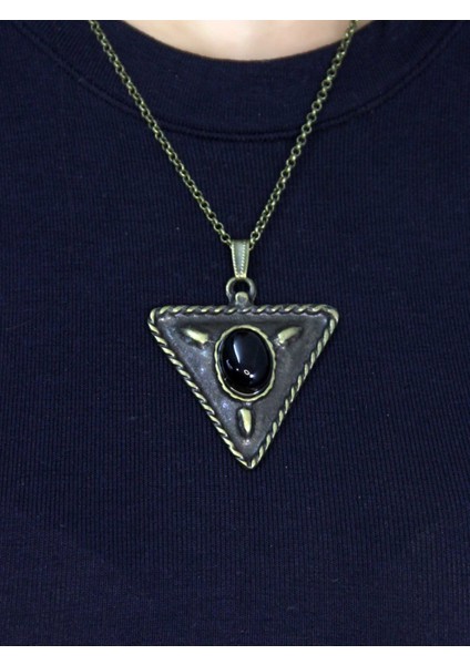 Doğal Taş Oniks Doğal Taşlı Üçgen Model Antik Kadın Kolye EUK41O fiyatları