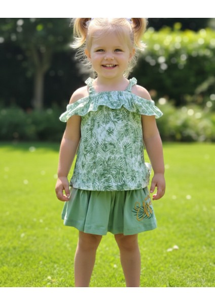 Kız Çocuk Etek-Tişört Takım, %100 Pamuk Nefes Alan, Lastikli Straplez, Tarz, Pileli