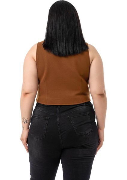 Büyük Beden Düğme Kapamalı Cep Kapaklı Astarlı Kısa Kaşe Taba Yelek modelleri