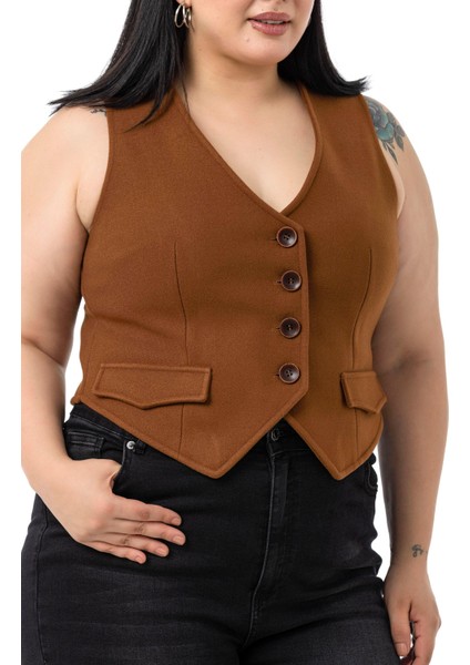 Büyük Beden Düğme Kapamalı Cep Kapaklı Astarlı Kısa Kaşe Taba Yelek fırsatları