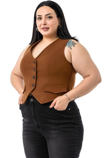 Büyük Beden Düğme Kapamalı Cep Kapaklı Astarlı Kısa Kaşe Taba Yelek indirimleri