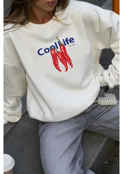 Kadın Içi Şardonlu Baskılı Oversize Sweatshirt