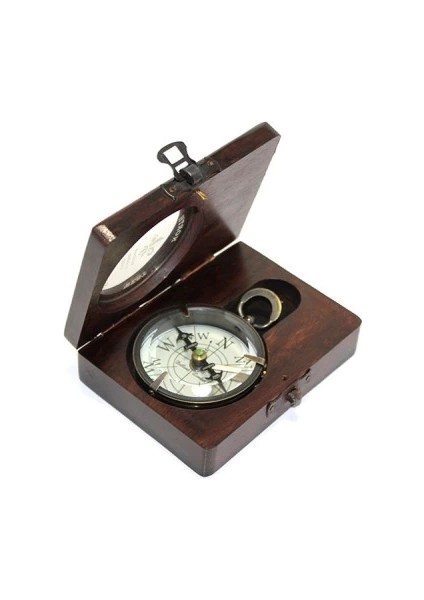 Ahşap Kutulu Üzeri Desenli Pirinç Pusula