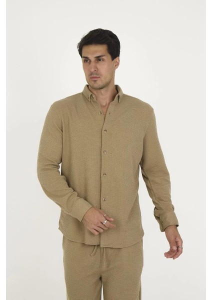 Düğmeli Tam Kalıp Uzun Kol Jakar Gömlek - Kahverengi indirimleri