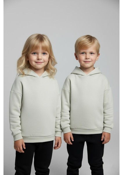 Unisex Çocuk Basic Pamuklu Kapüşonlu Sweatshirt - Krem modelleri