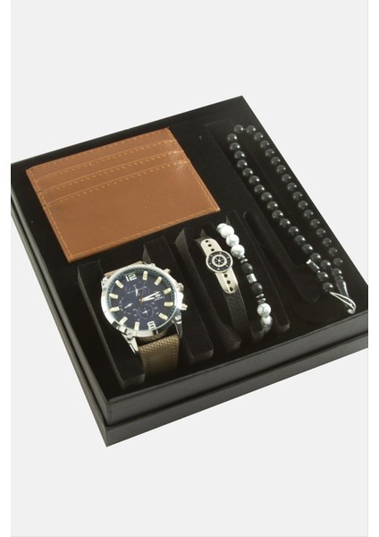 Kayışlı Kol Saati Tesbih Bileklik ve Cüzdan Kutulu Set