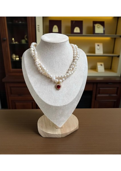 Sertifikalı Gerçek Doğal İkili İnci Kolye Çelik Bağlantı Aparatlı Altın Kaplama Kırmızı Kalp