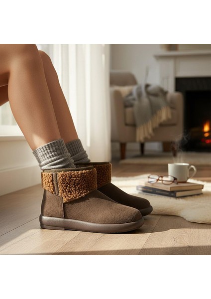 616 Günlük Kadın Bot Süet Içi Kürklü Yüksek Kalın Taban Kışlık Bot