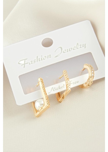 3 Adet Dikdörtgen Inci Zirkon Taşlı Küpe