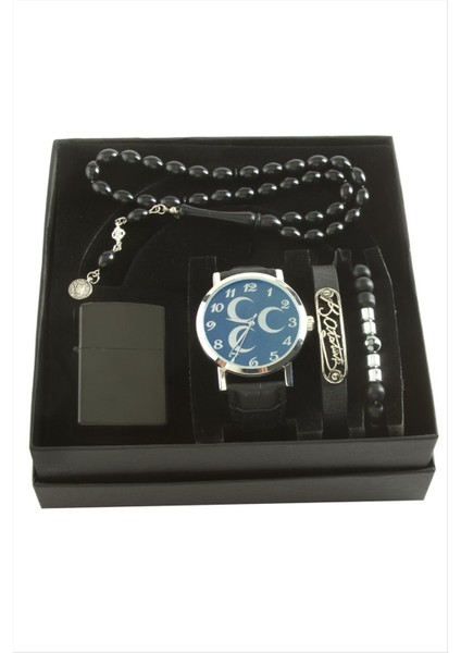 Hilal Temalı Kol Saati Tesbih Bileklik ve Çakmak Kutulu Set