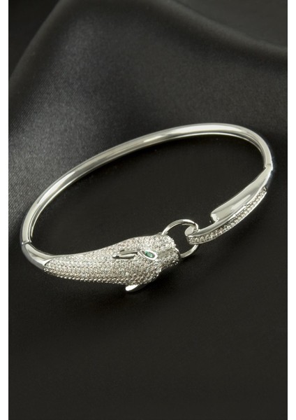 Yılan Zirkon Taşlı Lüks Çelik Kelepçe Bileklik