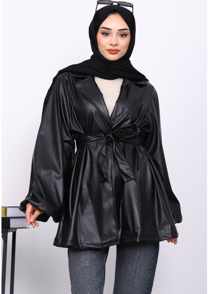 Siyah Balon Kol Kuşaklı Deri Ceket