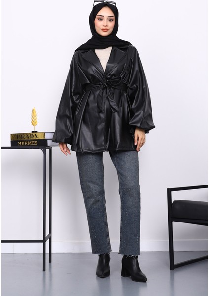 Siyah Balon Kol Kuşaklı Deri Ceket fiyatları
