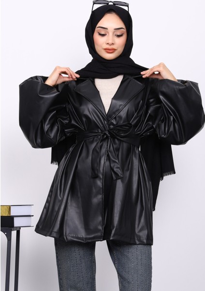 Siyah Balon Kol Kuşaklı Deri Ceket modelleri