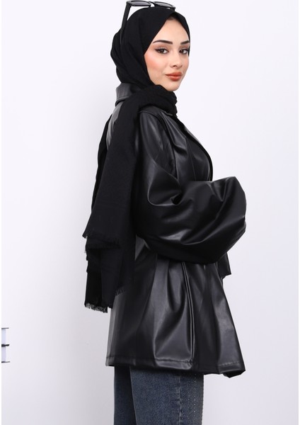 Siyah Balon Kol Kuşaklı Deri Ceket fırsatları