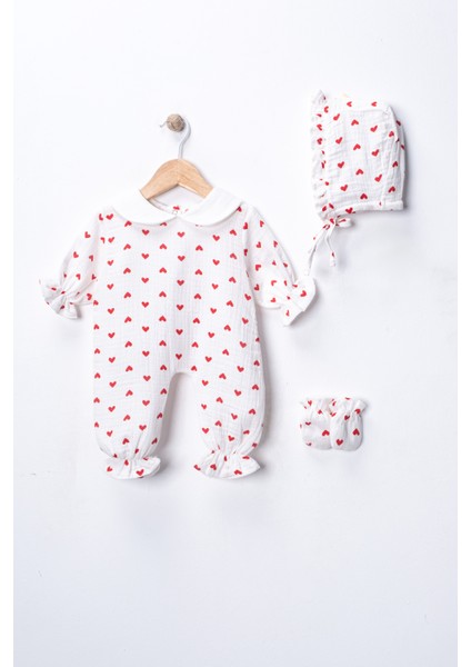 %100 Pamuk Organik Çift Katlı Muslin Kalp Desenli Yuvarlak Yakalı 3’lü Bebek Tulum Seti