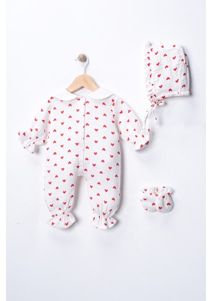 %100 Pamuk Organik Çift Katlı Muslin Kalp Desenli Yuvarlak Yakalı 3’lü Bebek Tulum Seti fiyatları