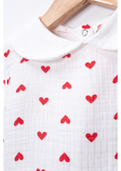 %100 Pamuk Organik Çift Katlı Muslin Kalp Desenli Yuvarlak Yakalı 3’lü Bebek Tulum Seti modelleri