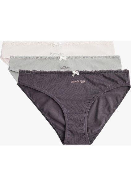 Pamuklu Rahat Kalıp Kurdele Detaylı Baskılı 3'lü Brief Külot Seti