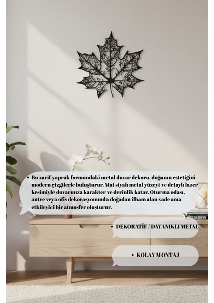 Metal Tasarım Akçaağaç Yaprağı Metal Duvar Dekoru Tablo 45X45 & 60X60 cm indirimleri