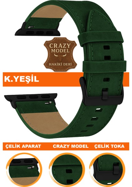apple watch 1/2/3/4/5/6/se/7/8/9 (38-40-41mm) seri 10 /11 (42mm) uyumlu crazy deri saat kordonu kayışı l10hwc-yesıl-black