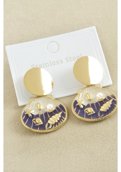 Oval Mineli Lüks Çelik Küpe