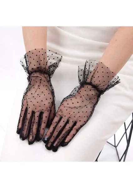 Kısa Boy Güpürlü Siyah Puantiyeli Tül Eldiven Siyah Renk fiyatları