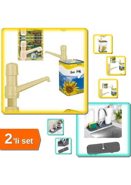 Sıvı Yağ Pompası + Lavabo Matı - Esnek Batarya Su Tutucu ve Süngerlik 2’li Set N8R2FX