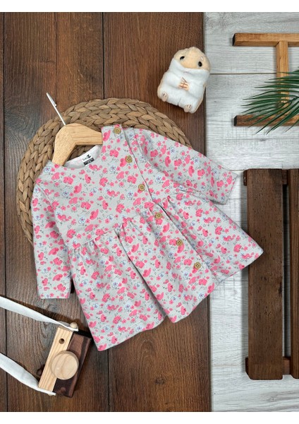 Pamuklu Çiçek Desenli Düğmeli Kız Bebek Elbise