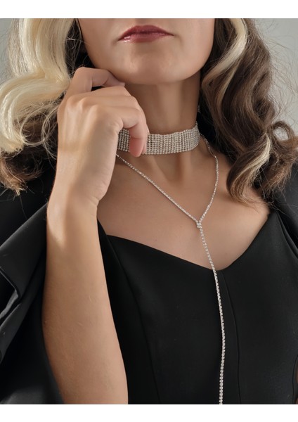 Gümüş Kaplama Rhinestone Y Model Su Yolu Model Kolye