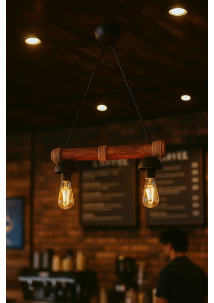 Halat Detaylı Modern Ikili Sarkıt Ahşap Avize Kafe Balkon Ofis Aydınlatma