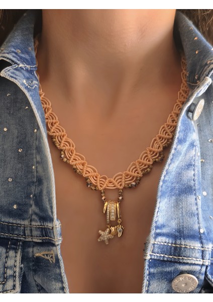 Makrome Bohem Ip Örme Siyah El Yapımı Bağlamalı Kolye