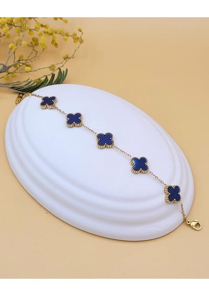 Antrasit Taşlı Gold Çift Taraflı Şans Yoncası Bileklik