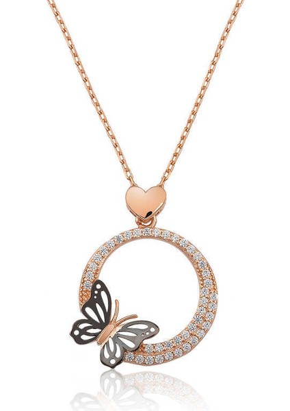 Gümüş Rose Kalpli Kelebek Çemberi Kolye